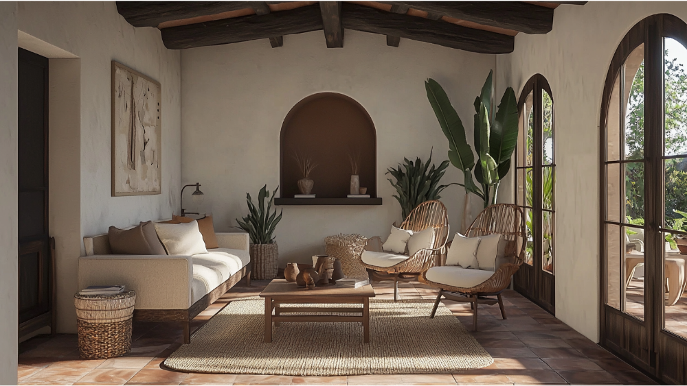 Elegant Spanish-style living room with arched windows, stucco walls, exposed wood ceiling beams, and natural decor including wicker chairs and plants.