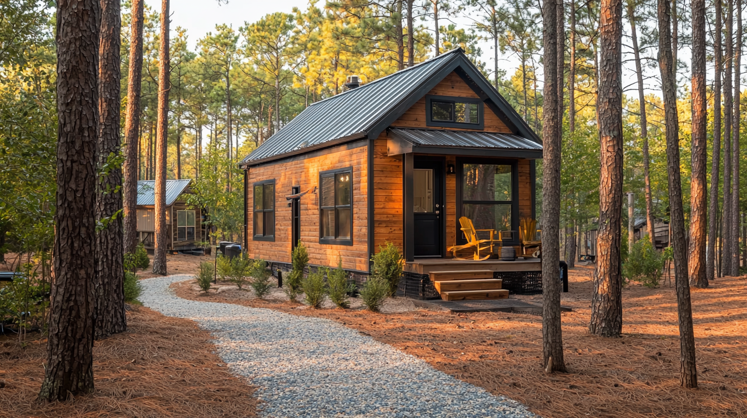 Small wood cabin-style home with a metal roof and front porch, set among tall pine trees with a gravel path leading through a forested area.