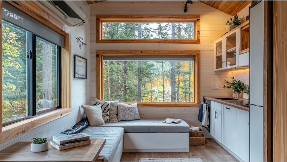 Small modern home interior with white walls, built-in bench seating, large windows, and a compact kitchen surrounded by trees.