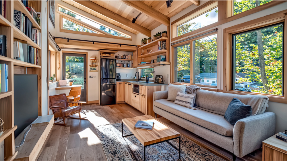 Cozy interior of a small home with natural wood finishes, large windows, and an open living space featuring a kitchen and sitting area.