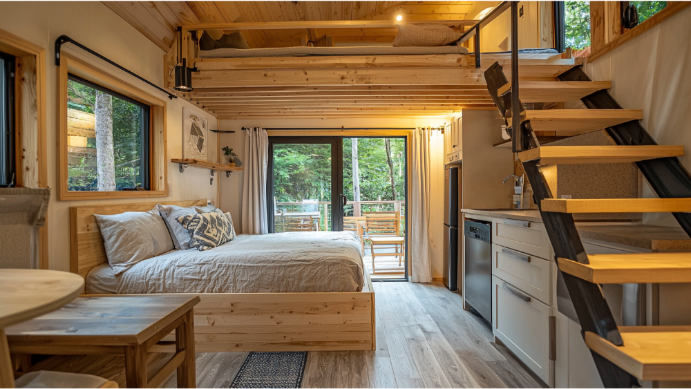 Cozy cabin-style tiny home interior with wood accents, a bed, loft sleeping area, compact kitchen, and sliding glass doors opening to a forest view.
