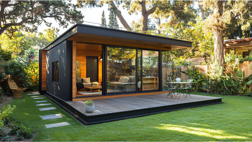 A modern studio structure with black siding, a spacious wooden deck, and large sliding glass doors opening to a landscaped yard.