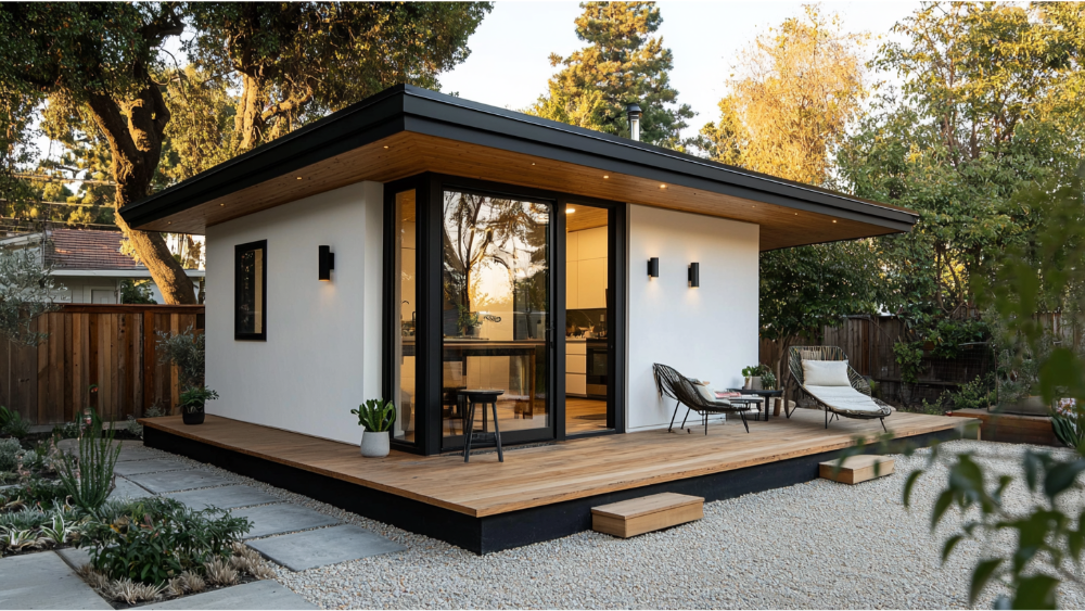 A stylish backyard unit with white stucco walls, wood trim, a flat roof, and a wooden deck surrounded by modern outdoor seating and landscaping.