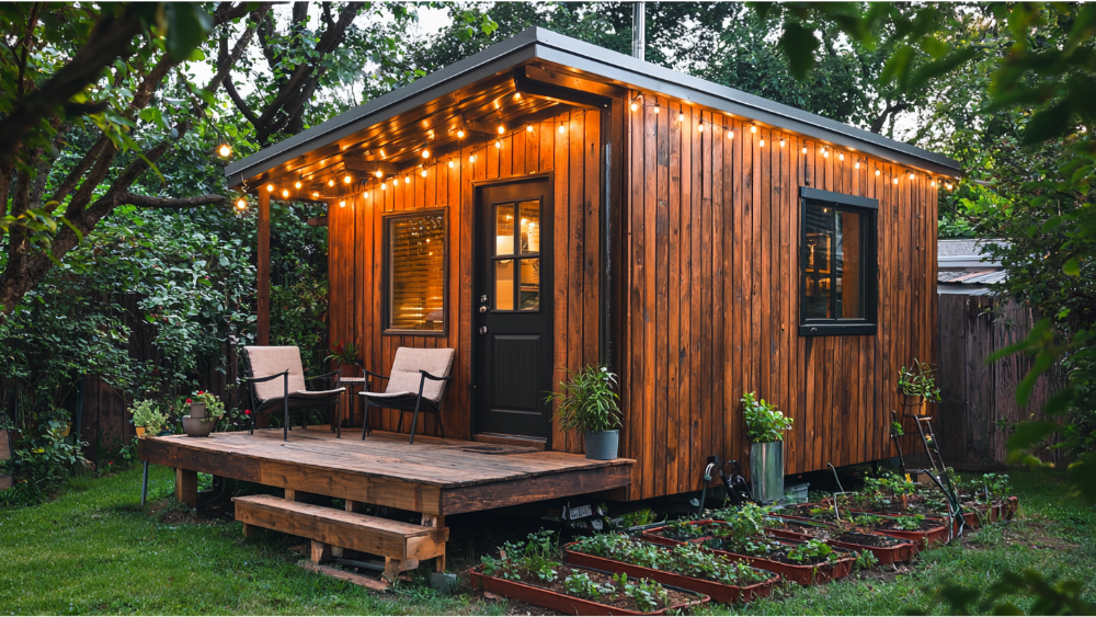 A rustic backyard dwelling made with vertical wood paneling, a small front porch, and decorative string lights under the roofline.