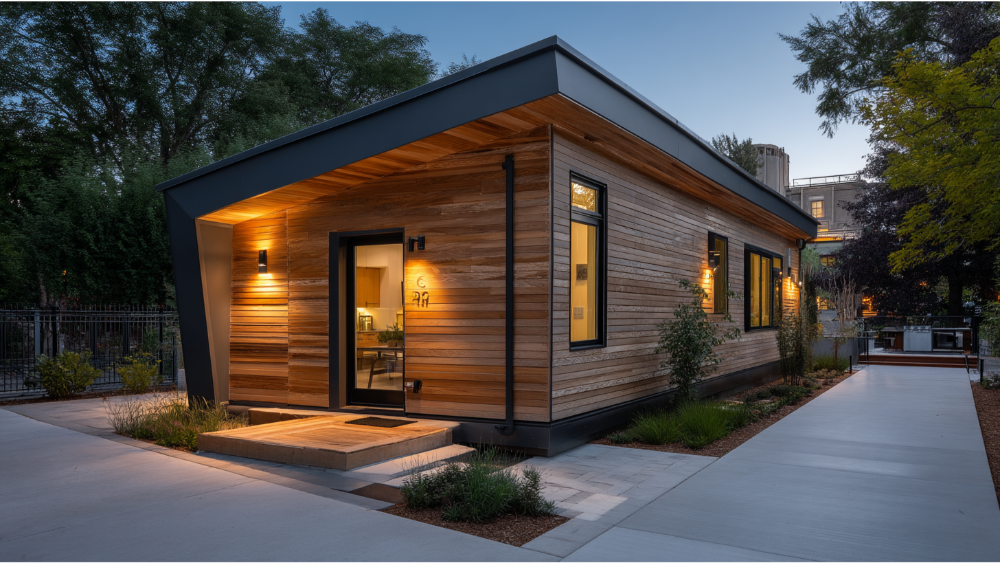 A sleek, wood-paneled backyard unit with black trim, flat roof overhang, and a clean walkway leading to the entrance, lit during dusk.