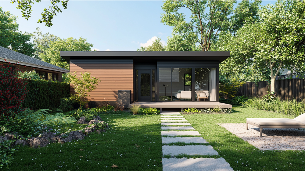 A small contemporary backyard dwelling with horizontal wood siding, large glass doors, and a minimalist garden path leading to the entrance.