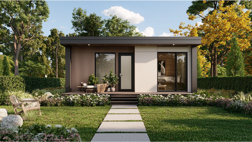 A small, modern backyard home featuring a flat roof, clean lines, and a landscaped front yard with a stone path and flower beds.