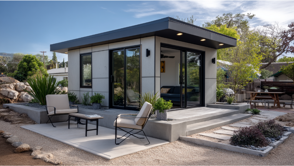 A compact backyard unit with a light gray facade, flat roof, black-trimmed glass doors, and a small outdoor patio with two chairs.