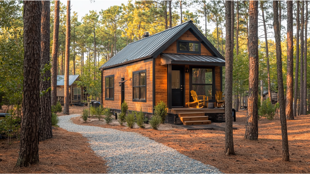 A small wood cabin-style home with a metal roof, black trim, front steps, and yellow chairs on the porch, nestled among tall pine trees.