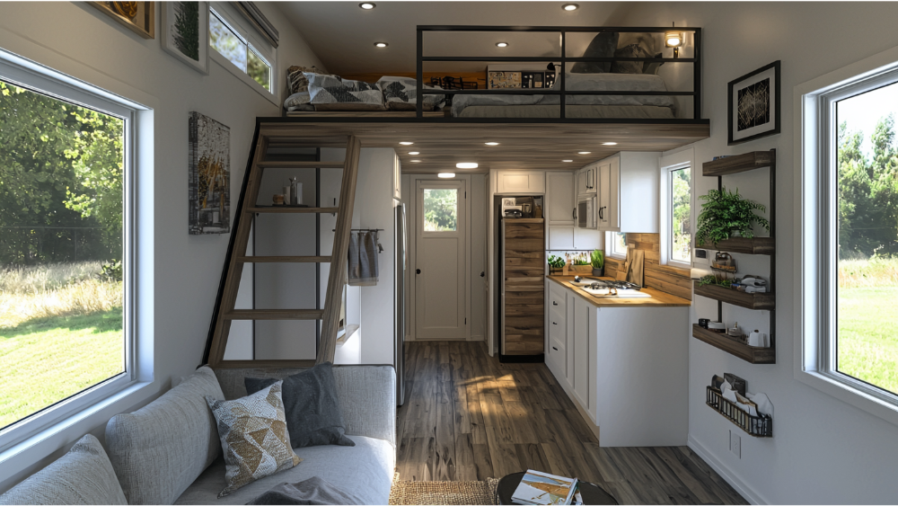 A small, efficiently designed living space featuring a loft bed, compact kitchen with wood accents, ladder-style stairs, and large windows bringing in natural light.