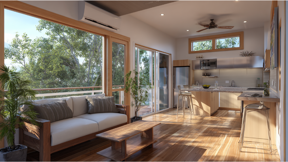 A light-filled ADU interior with large windows, wood floors, contemporary kitchen, and open living space with a view of surrounding greenery.