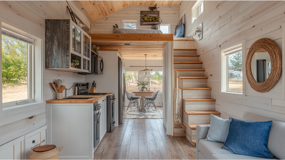 A small home interior featuring a loft bed above a kitchen, white shiplap walls, wood accents, compact dining area, and staircase with built-in storage.