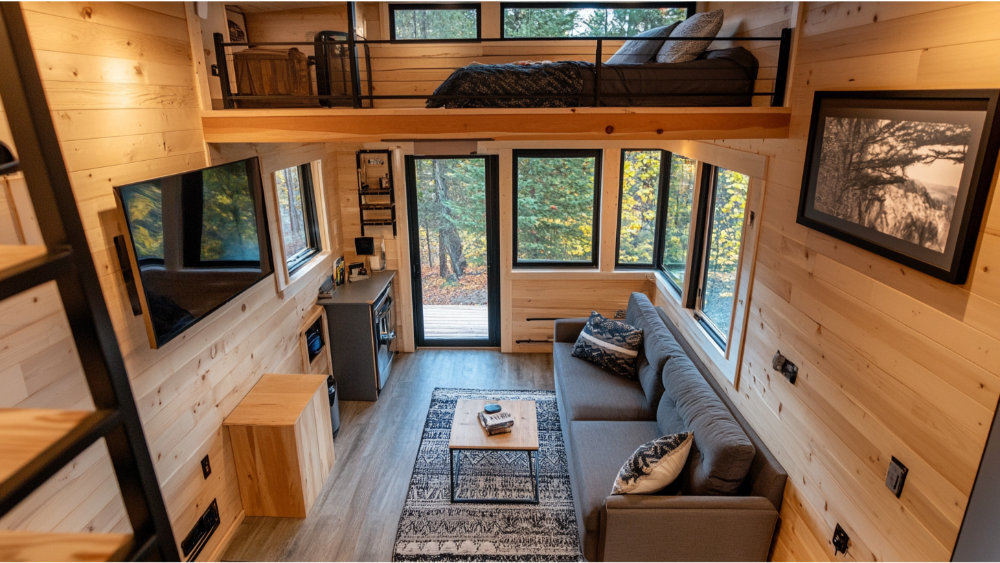 A cozy, wood-paneled tiny home interior featuring a loft bed, large windows, a gray sofa, wall-mounted TV, and compact kitchenette.