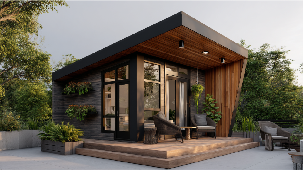 A modern backyard unit with a sloped roof, mixed wood finishes, large glass windows, and a raised deck with outdoor seating and built-in planters.