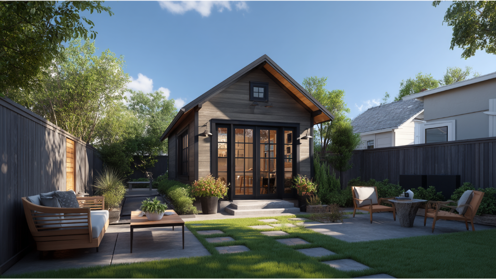 A compact guest house with a dark wood exterior, large French doors, and a landscaped backyard featuring multiple sitting areas and stone paths.