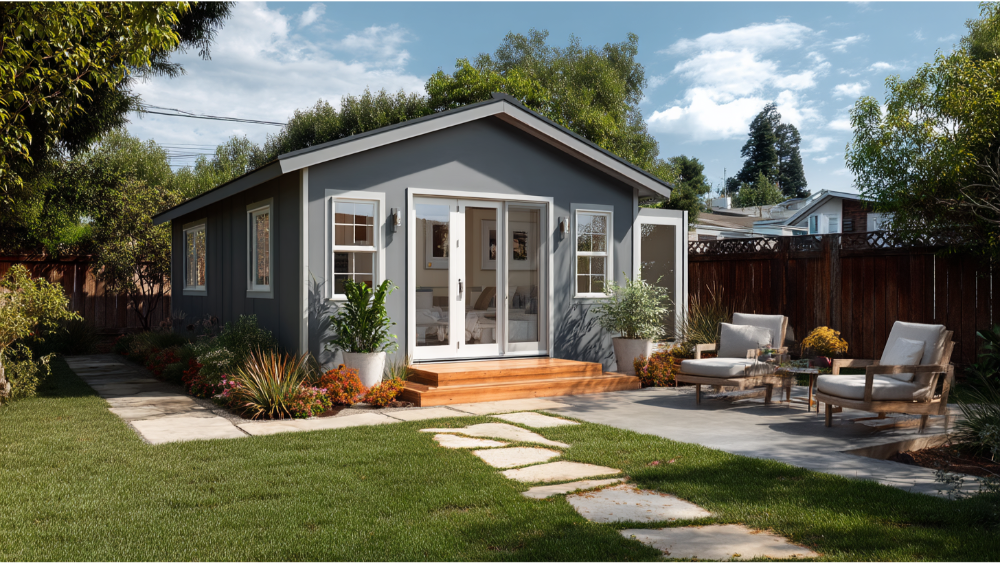 A small backyard dwelling with gray siding, white-framed windows, French doors, wooden steps, and an inviting outdoor seating area surrounded by greenery.