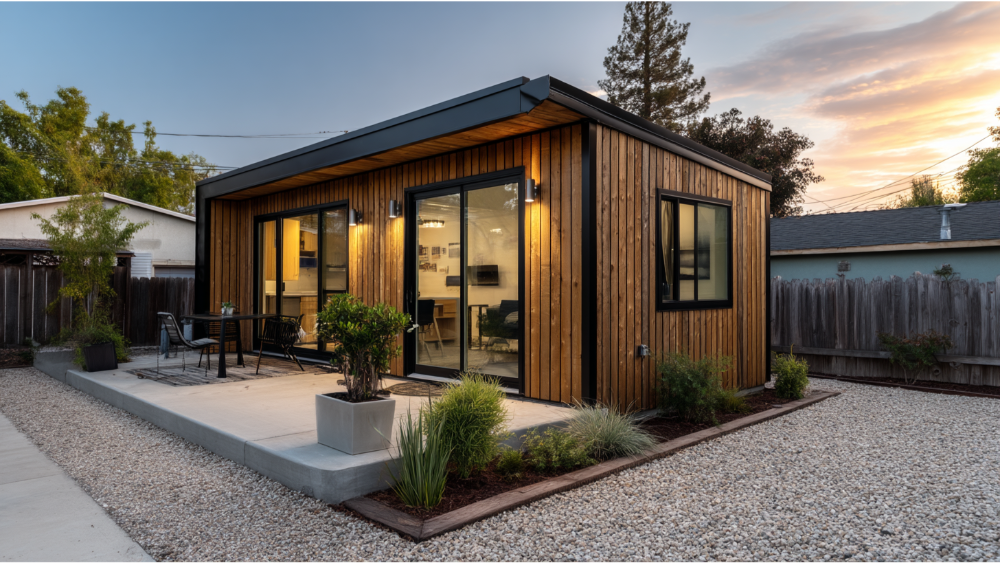 Contemporary backyard ADU with vertical cedar siding and black trim, featuring large sliding doors, a small concrete patio, and drought-tolerant landscaping.