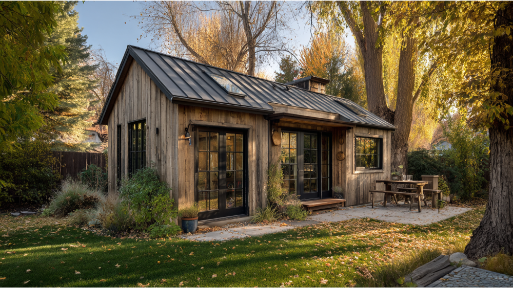 Charming cabin-inspired accessory dwelling unit with wood siding, black-framed windows, and a metal roof, set in a leafy backyard with a stone patio and picnic table.