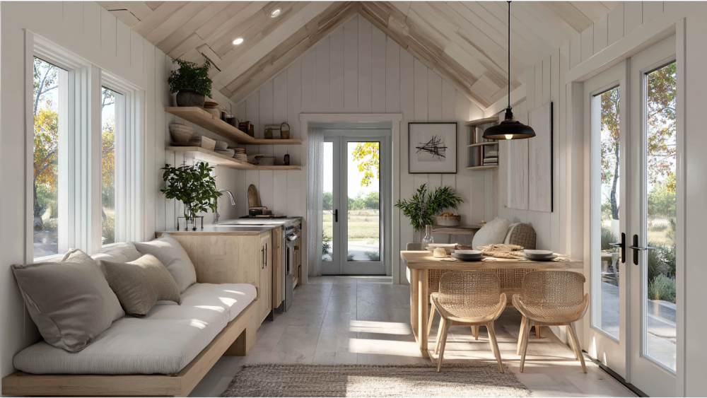 Scandinavian-inspired tiny home interior featuring light wood finishes, vaulted ceiling, built-in bench, small kitchen, and dining area with glass doors.