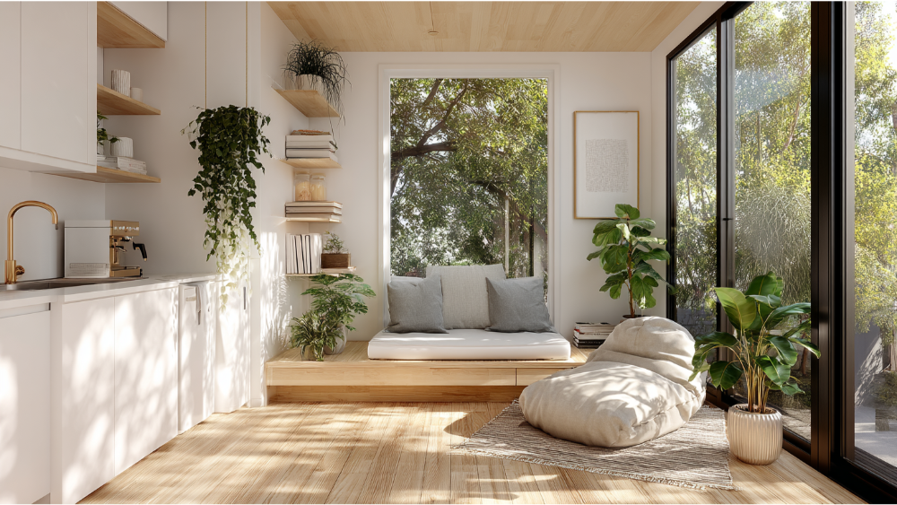 Minimalist ADU interior with white walls, built-in shelving, a sunlit window nook, and soft lounge seating, surrounded by greenery and clean lines.