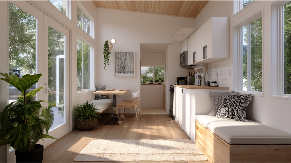 Airy and minimal ADU space with white cabinetry, built-in bench seating, natural wood flooring, and expansive windows bringing in outdoor light.