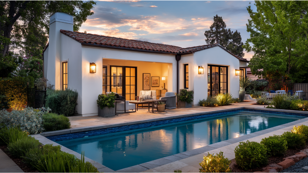 Spanish-style accessory dwelling unit with white stucco walls and red tile roof, overlooking a rectangular pool surrounded by lush landscaping.