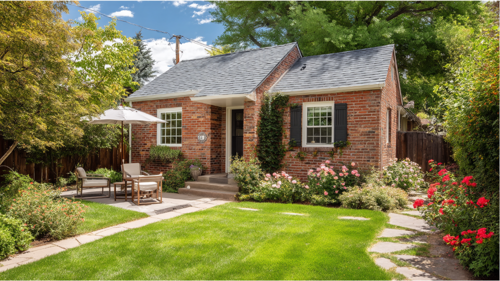 Classic red brick ADU with white trim and black shutters, surrounded by a manicured lawn, flower garden, and cozy patio seating area.