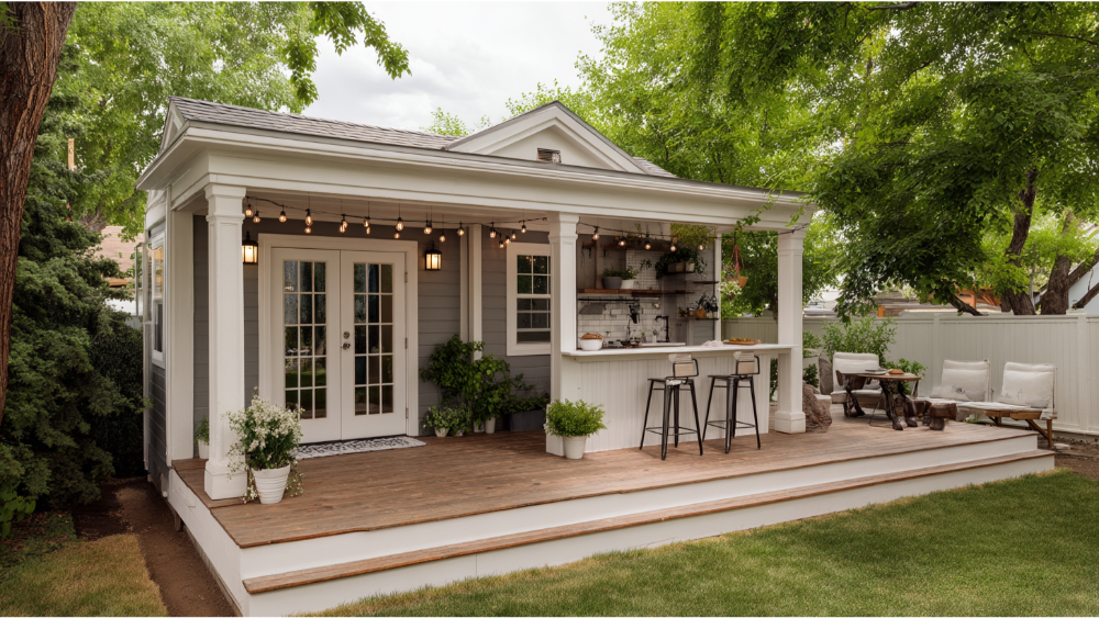 Classic backyard ADU featuring gray siding, white trim, a wraparound porch, string lights, and an outdoor bar-style kitchen with stools.