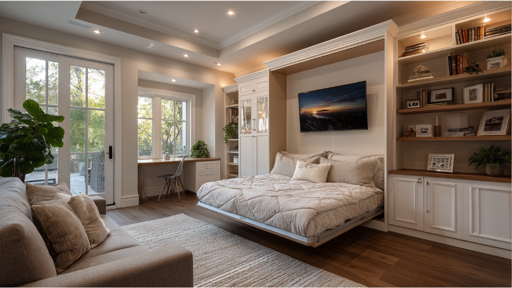 Bright and stylish guest suite interior with a pull-down Murphy bed, built-in shelves, desk area, and glass doors leading outside.