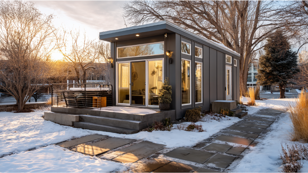 Compact ADU with gray fiber cement paneling, tall windows, and a small entry porch surrounded by snow-covered landscaping