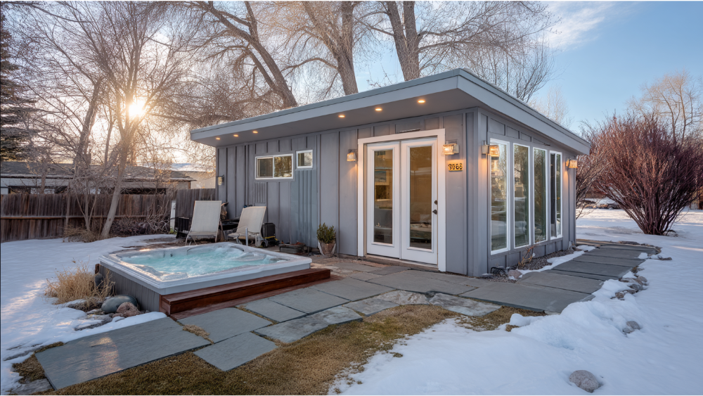 Modern guesthouse with a flat roof, gray siding, and large windows, featuring an outdoor hot tub surrounded by snow and paver walkway.