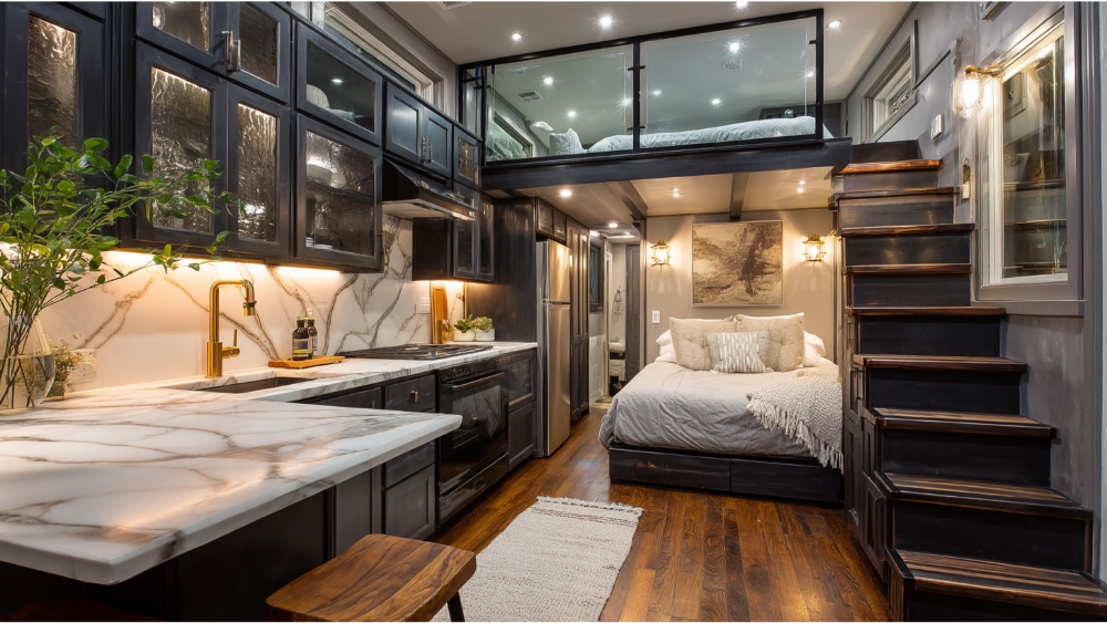 High-end compact ADU interior with marble countertops, dark cabinetry, a cozy ground-floor bed, and a glass-railed loft sleeping space above.