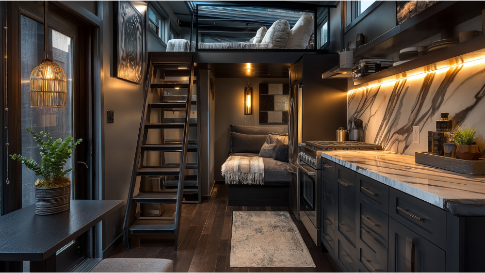 Sophisticated tiny home interior featuring dark hardwood floors, a marble backsplash, lofted bed with staircase access, and integrated lighting.