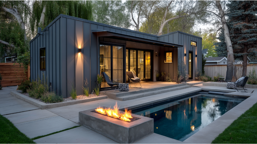 Modern accessory dwelling unit with vertical charcoal siding, floor-to-ceiling glass doors, a sleek pool, and a concrete fire pit for outdoor entertaining.