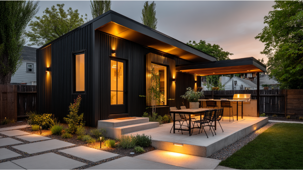 Contemporary ADU with vertical matte black siding, warm outdoor lighting, and a modern concrete patio with dining and cooking area.