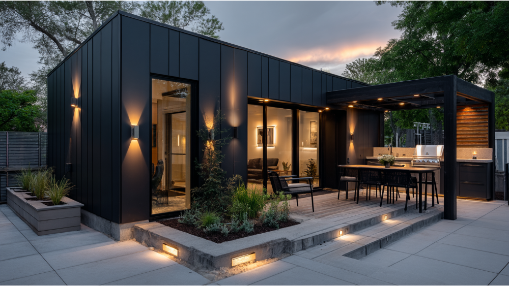 Sleek ADU with vertical matte black metal siding, large glass doors, and a modern patio with an outdoor kitchen and seating area