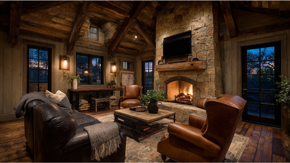Cozy ADU living space with vaulted wood ceilings, a large stone fireplace, leather chairs, and warm lighting for a cabin-like ambiance.