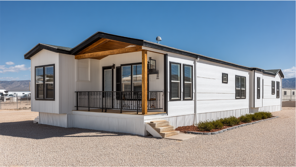 New white manufactured home with black trim, a small covered front porch, and a gravel yard set against a clear blue sky.