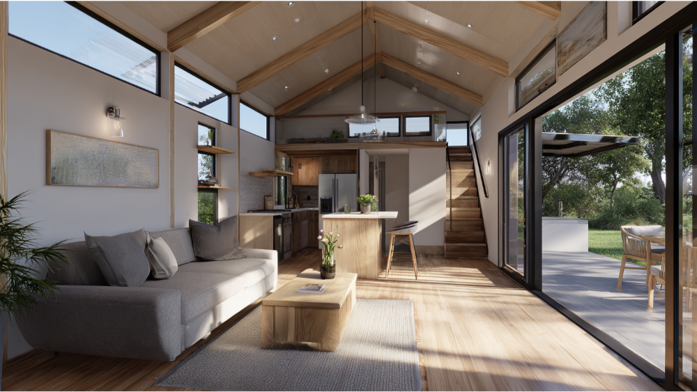 Spacious and airy accessory dwelling unit with vaulted ceilings, exposed wood beams, lofted bedroom, and open-plan kitchen and living area, featuring large windows and sliding glass doors.