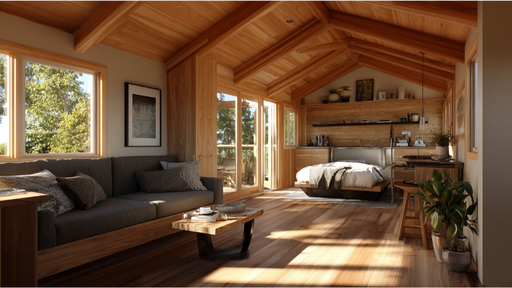 Inviting studio-style ADU featuring natural wood finishes, vaulted ceiling, combined living and sleeping area, and large windows with a view.