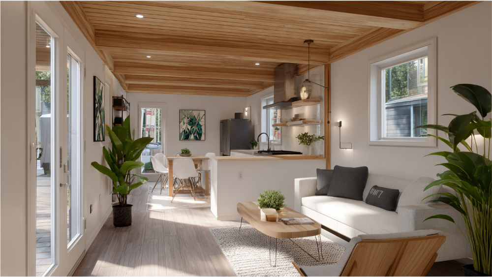Bright and cozy ADU interior with light wood ceiling, open kitchen, dining area, and modern furnishings in a Scandinavian style