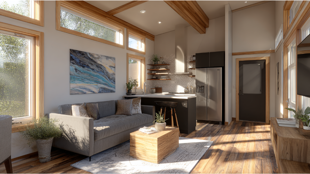 Contemporary ADU living space with high ceilings, exposed wood beams, tall windows, a compact kitchen, and cozy seating area with natural light.