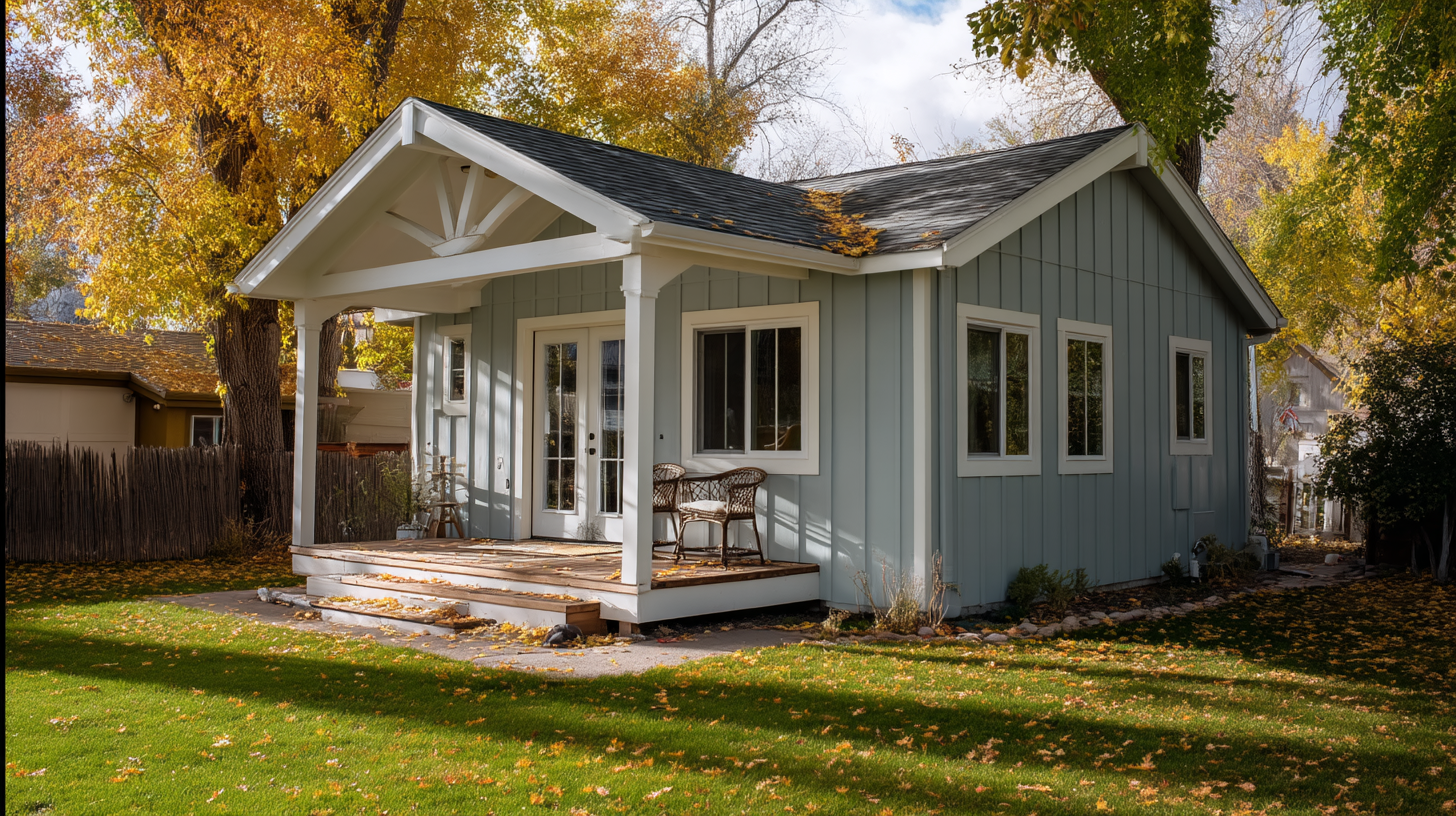Light blue ADU with covered porch surrounded by fall foliage