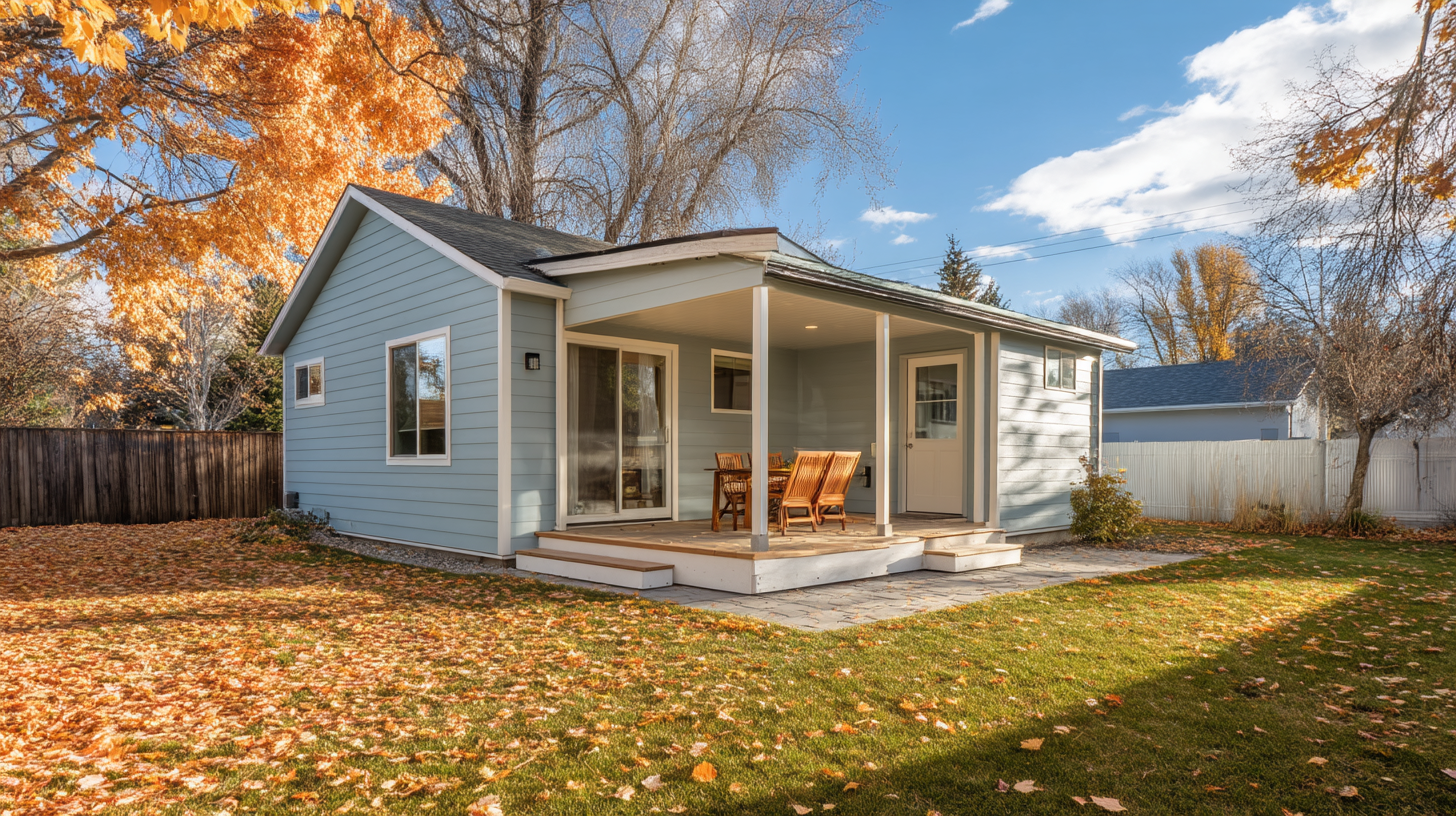 Backyard ADU with light blue siding and front porch