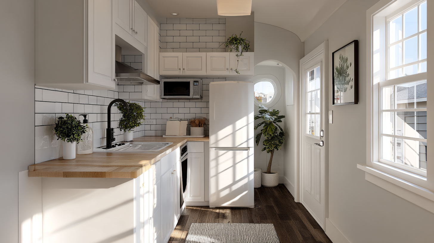 Compact ADU kitchen with white cabinets and subway tile backsplash