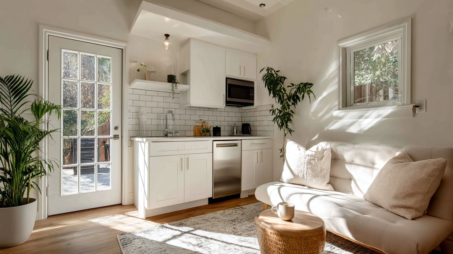 Compact ADU kitchen with white cabinets and butcher block countertops