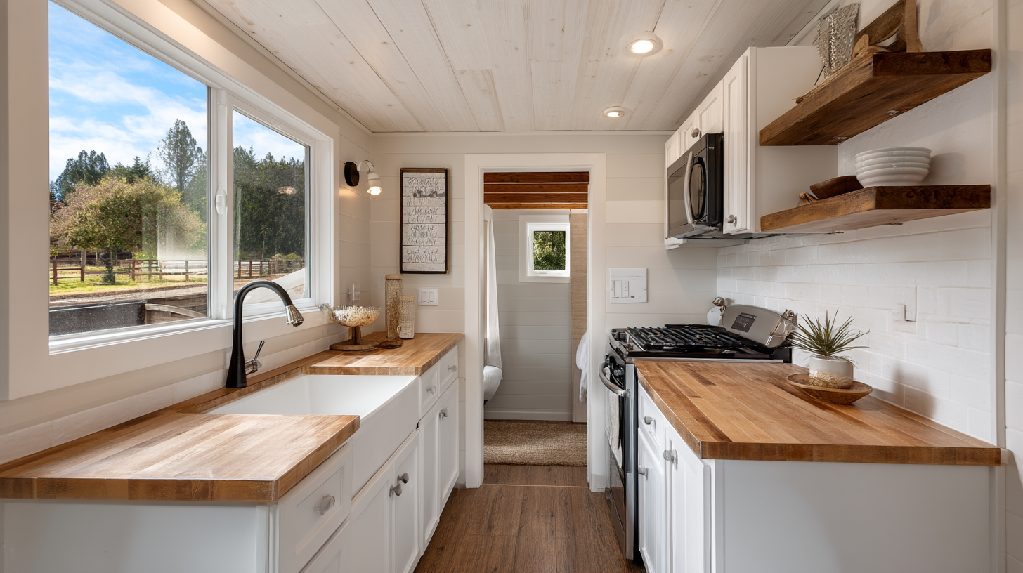 Farmhouse-inspired ADU kitchen with white cabinets and wood counters