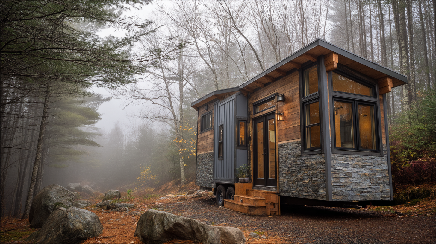 Forest tiny house with stone base and wood siding in misty woods