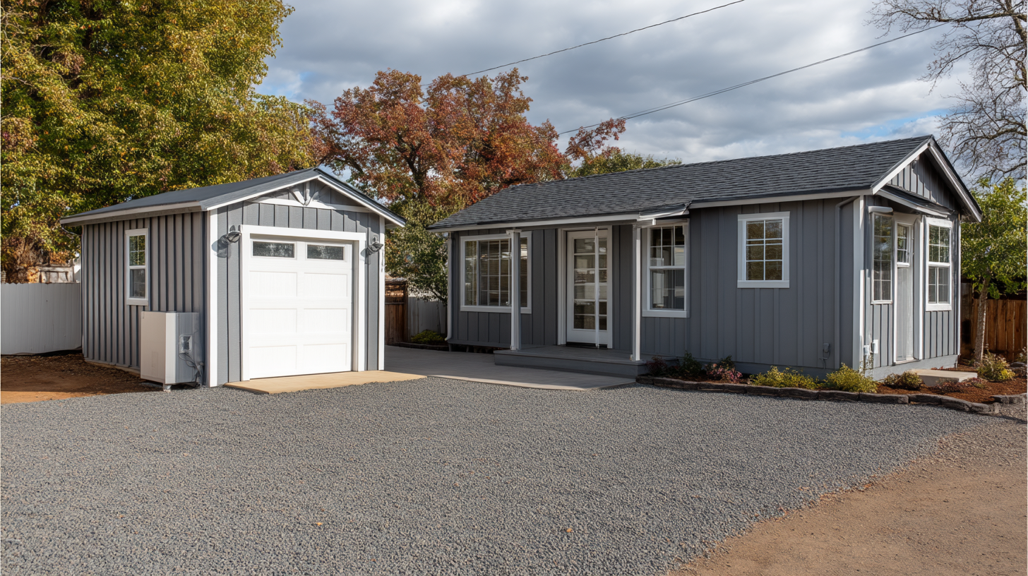 Gray vinyl-sided ADU with matching storage shed