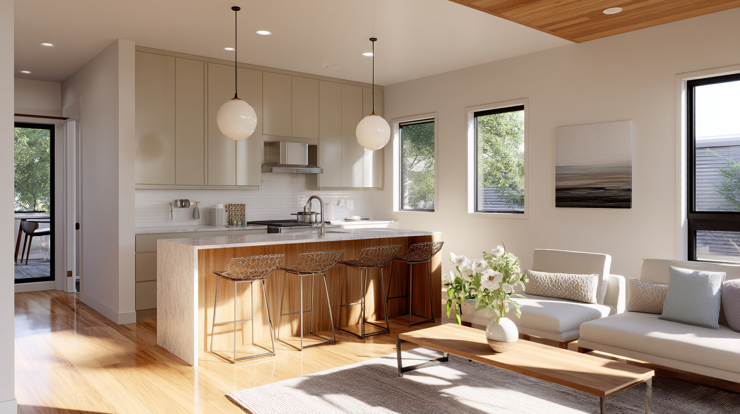 Kitchen-living combo in ADU with bar seating and natural light